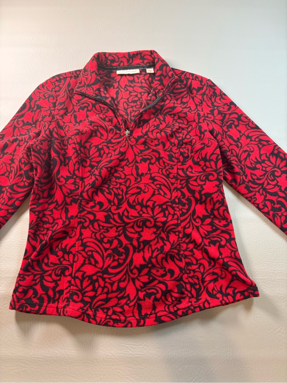 Coldwater Creek Red Black Floral Fleece Pullover Jacket 1/4 Zip Small